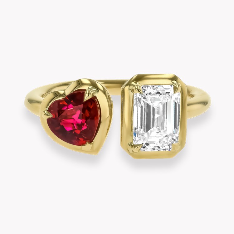 Skimming Stone 1.20ct Diamond and Burma Ruby Toi et Moi Ring Emerald Cut & Heart Shape, Claw Set_2