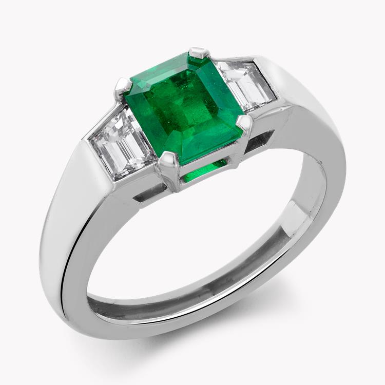 Contemporary Emerald and Diamond Three Stone Ring  1.02ct in Platinum Emerald & Baguette Cut, Claw & Rubover Set_1