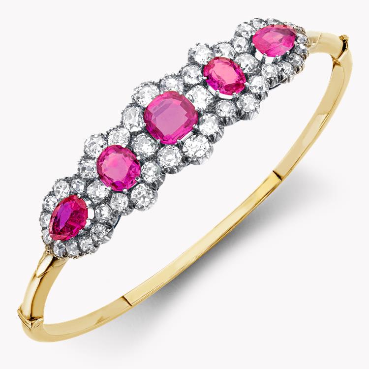 Victorian Burmese Ruby & Diamond Bangle  4.45ct in 15ct Yellow Gold & Silver Oval, Cushion, Pear shape, Old European, Swiss & Rose, Claw Set_2