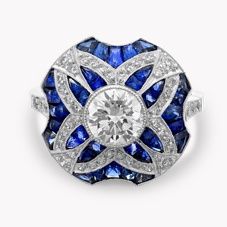 Art Deco Inspired Diamond and Calibre Sapphire Dress Ring with Sapphire and Diamond surround Old Cut, Millegrain Set_2