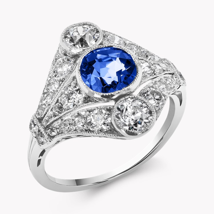 Edwardian Sapphire and Diamond Cluster Ring Old European Cut, Rubover Set_1