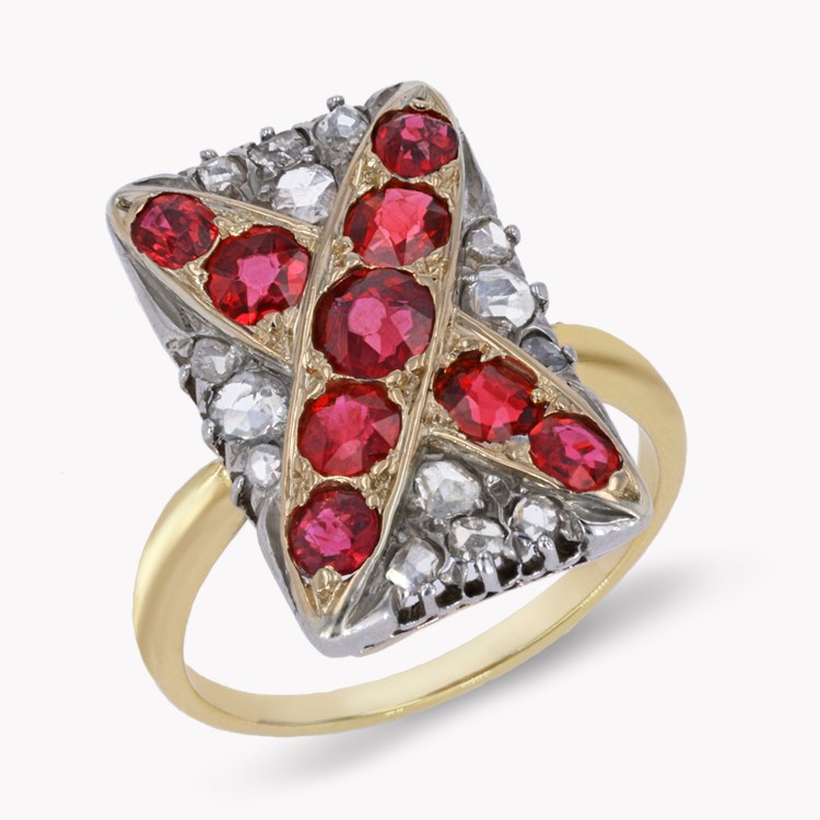 Belle Epoque Ruby & Diamond Cross Design Plaque Ring Cushion & Old Cut, Claw Set_1