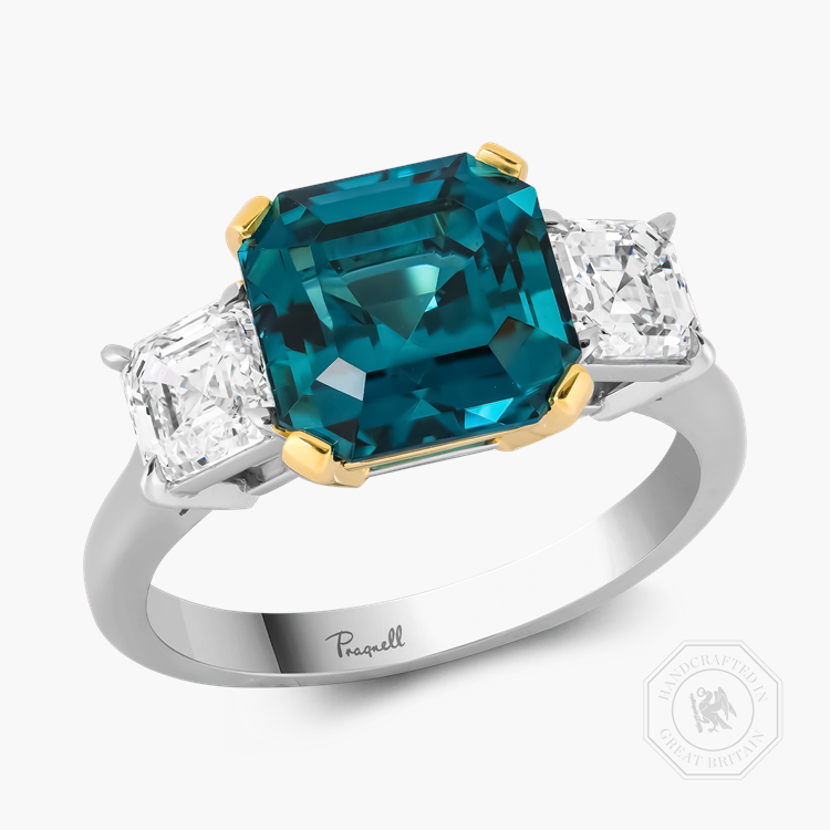 Asscher Cut 3.71ct Namibian Lagoon Tourmaline and Diamond Ring Asscher Cut, Claw Set_1