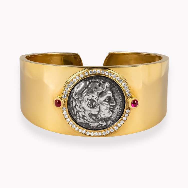 Ruby and Diamond Alexander the Great and Zeus Tetradrachm Coin Bangle Cabochon & Single Cut, Rubover Set_1