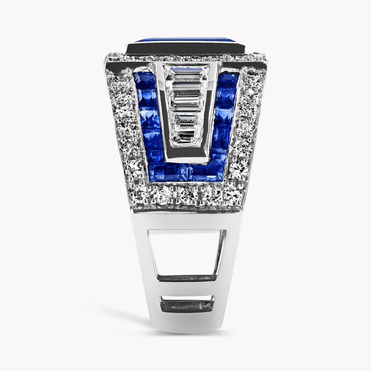 Art Deco Inspired Blue Sapphire Ring Emerald Cut, Rubover Set_4