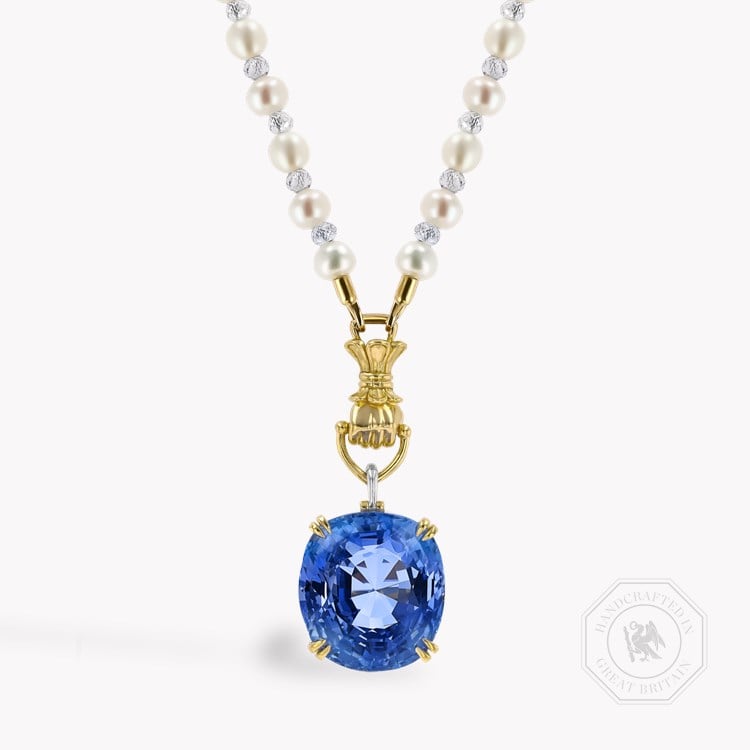 Masterpiece 37.09ct Sri Lankan Sapphire, Keshi Pearl and Diamond Figa Fortune Pendant   in 18ct Yellow Gold