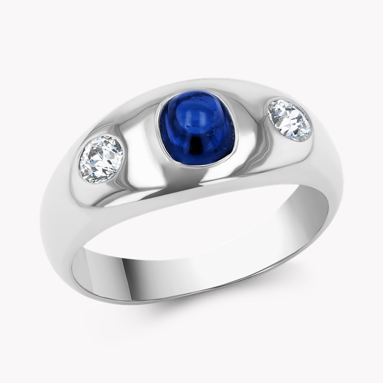 Cabochon Cut Blue Sapphire and Diamond Three Stone Ring Cabochon Cut, Rubover Set_1