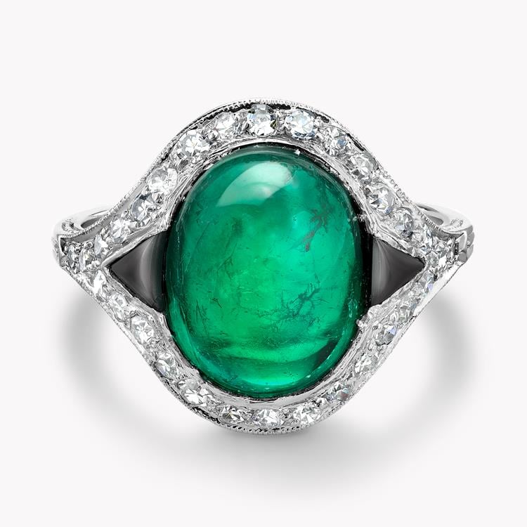 Art Deco Colombian Cabochon Emerald Ring 5.02CT in Platinum Cabochon Cocktail Ring, with Diamond and Onyx Surround_2
