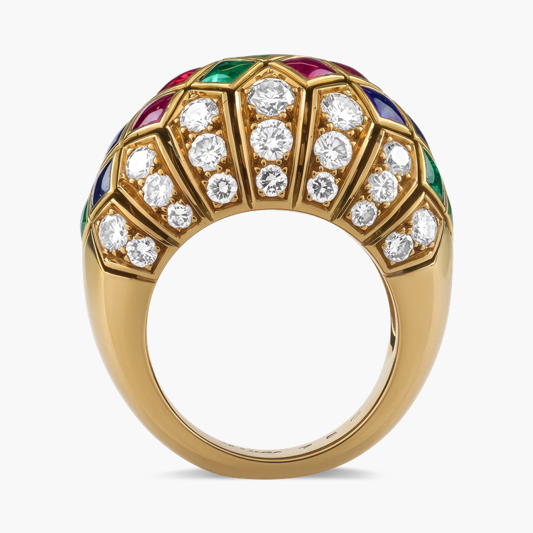 Retro Cartier Ruby, Sapphire, Emerald and Diamond Bombé Ring Cabochon & Brilliant Cut, Rubover & Pave Set_3