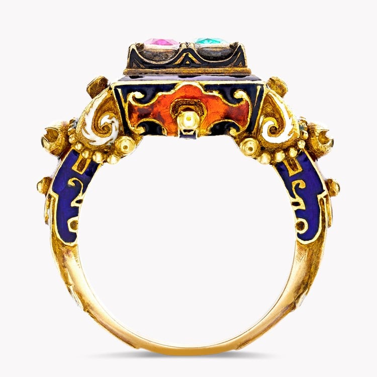 Victorian Renaissance Revival Ruby & Emerald Dress Ring Cushion Cut, Claw Set_3