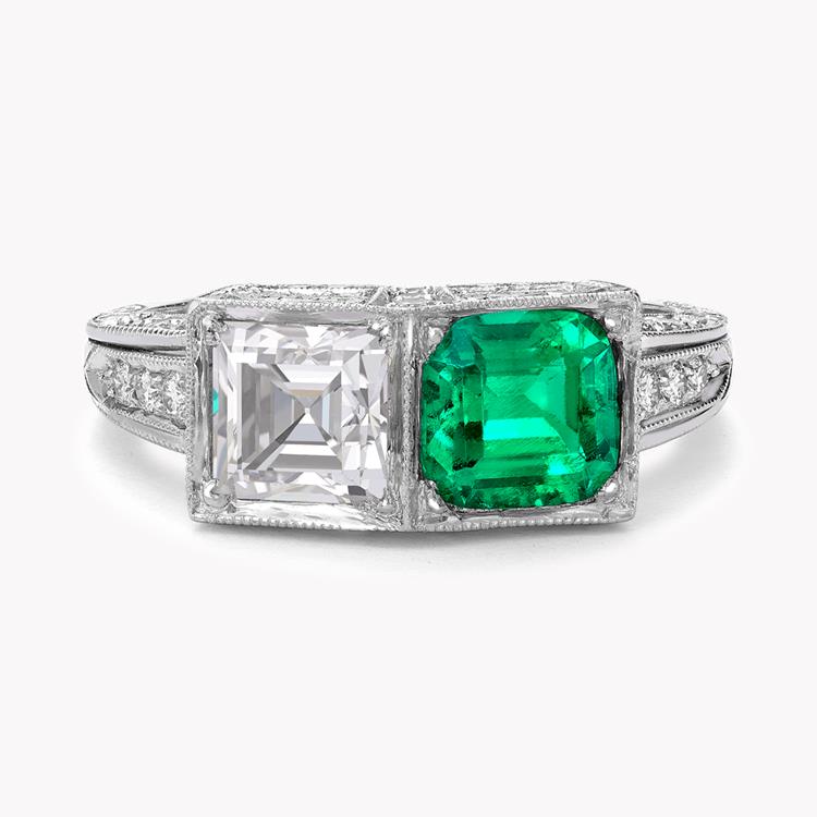 Art Deco Diamond & Emerald Ring 1.01CT in Platinum Step Cut Two Stone Ring, with Diamond Surround_2
