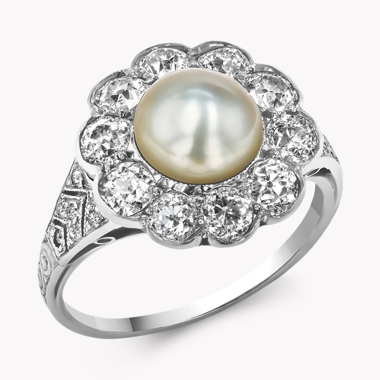 Edwardian Natural Pearl & Diamond Cluster Ring Old Cut, Millegrain Set_1
