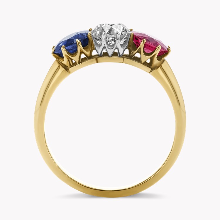 Belle Époque Cushion Cut Diamond, Ruby and Sapphire Ring Cushion Cut, Claw Set_3