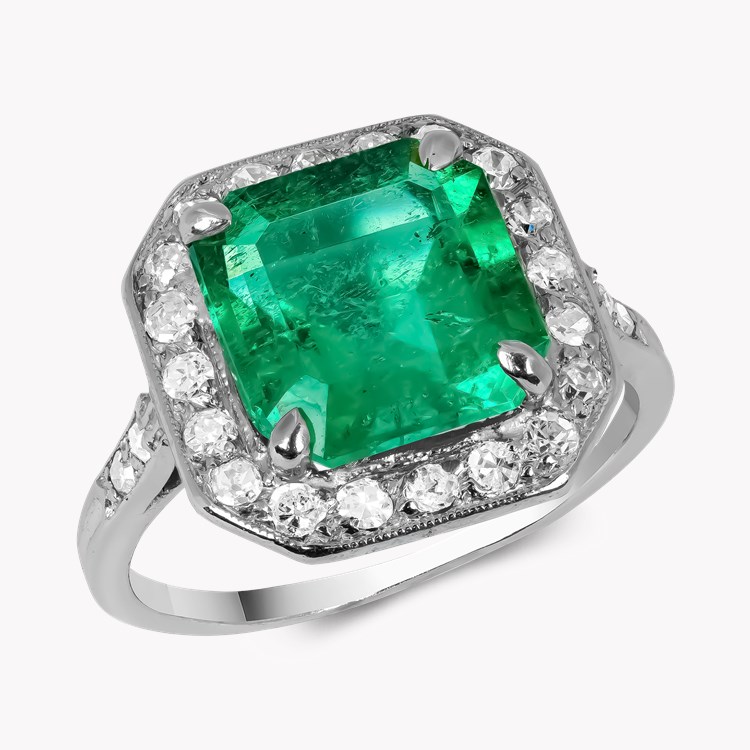 Edwardian Octagonal Cut 3.17ct Emerald and Diamond Ring   in Platinum