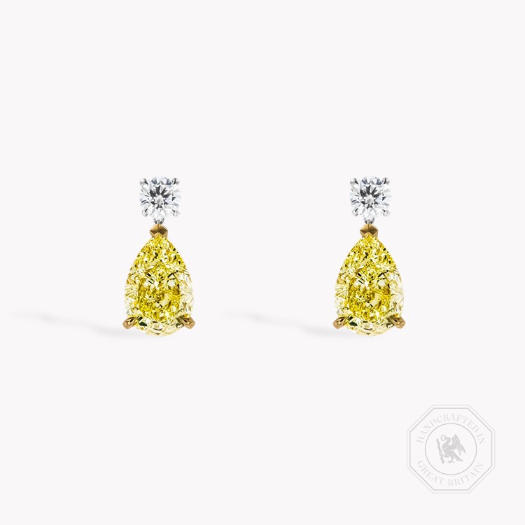 Pear Shaped 3.04ct Fancy Yellow Diamond Drop Earrings Pear & Brilliant Cut, Claw Set_1