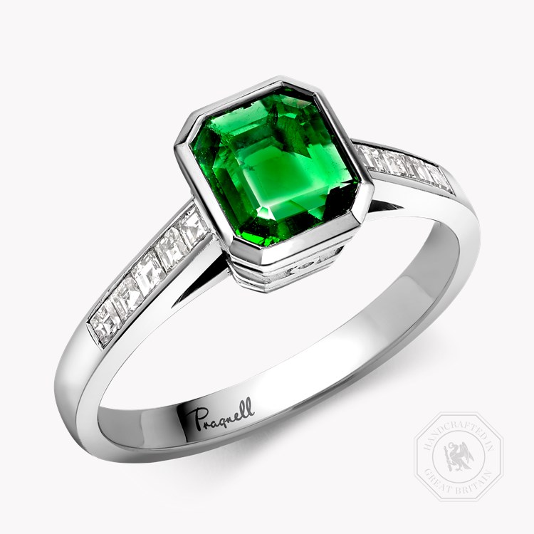Trap Cut 0.77ct Emerald and Diamond Ring Trap Cut, Rubover Set_1