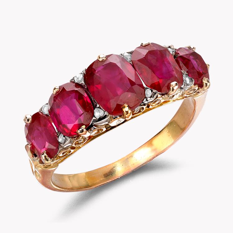 Victorian Burmese Ruby Ring 3.30CT in Yellow Gold Cushion Cut Five Stone Ring_1