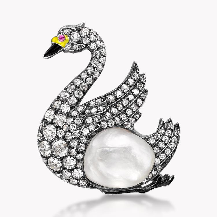 Victorian Natural Pearl Swan Brooch in Silver & Yellow Gold Clip Brooch, with Old Cut Diamonds_1