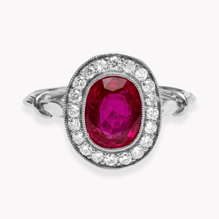 Edwardian Cushion Cut 1.68ct Burma Ruby and Diamond Ring Modern Cushion Cut, Millegrain Set_2