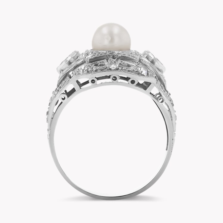 Edwardian Pearl and Old European Cut Diamond Curved Plaque Ring Rubover & Grain Set_3