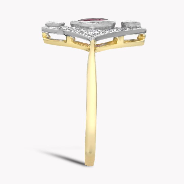 Edwardian Ruby & Diamond Lozenge Shaped Ring  in 18ct Yellow & White Gold Oval & Round Cut, Rubover Set_4