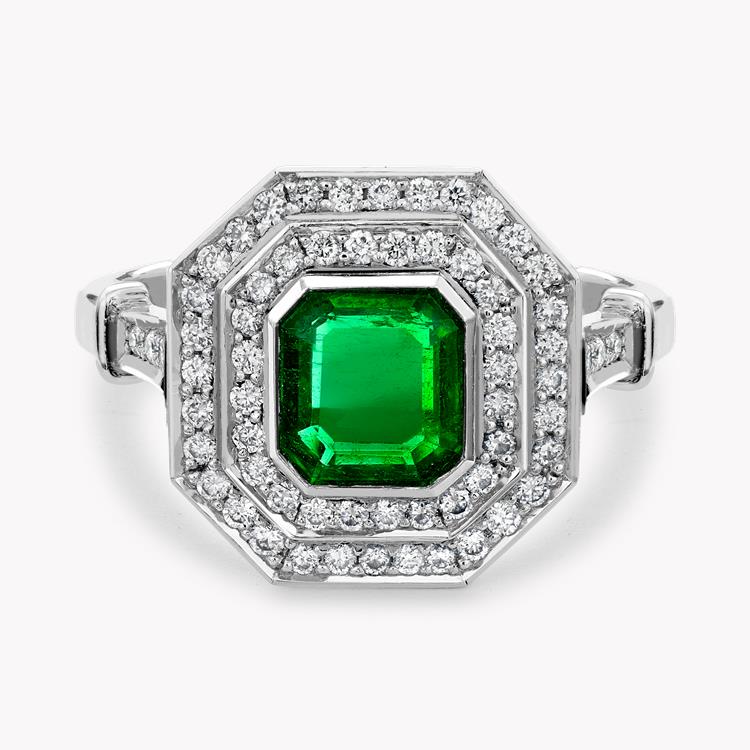 Art Deco Inspired 0.82ct Emerald and Diamond Target Ring Emerald Cut, Rubover Set_2