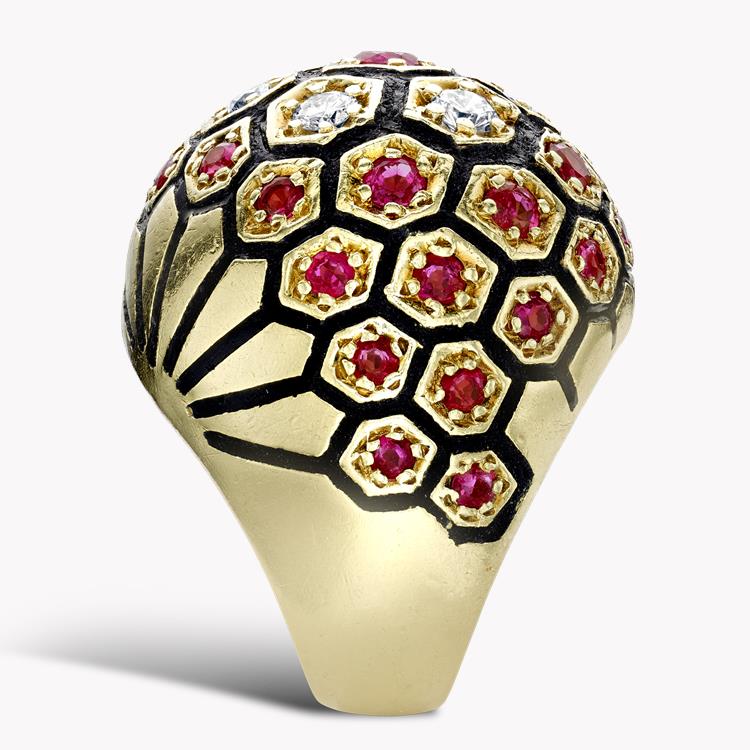 Retro Diamond & Ruby Bombé Honeycomb Dress Ring Old & Round Cut, Claw Set_4