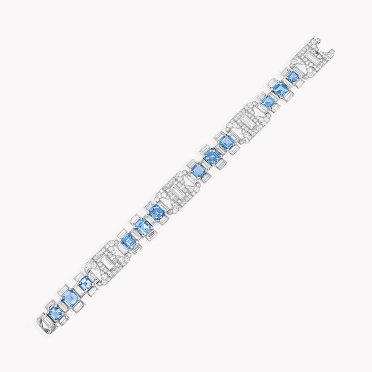 French Art Deco Aquamarine & Diamond bracelet Round Brilliant-cut & Baguette-cut Diamonds  Emerald-cut Aquamarines Grain & Rub-over set_2