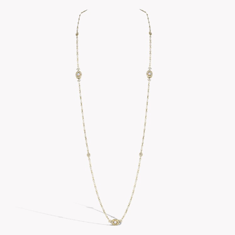 Art Nouveau Cabochon Opal & Diamond Long Chain Necklace Cabochon & Old Cut, Rubover Set_1