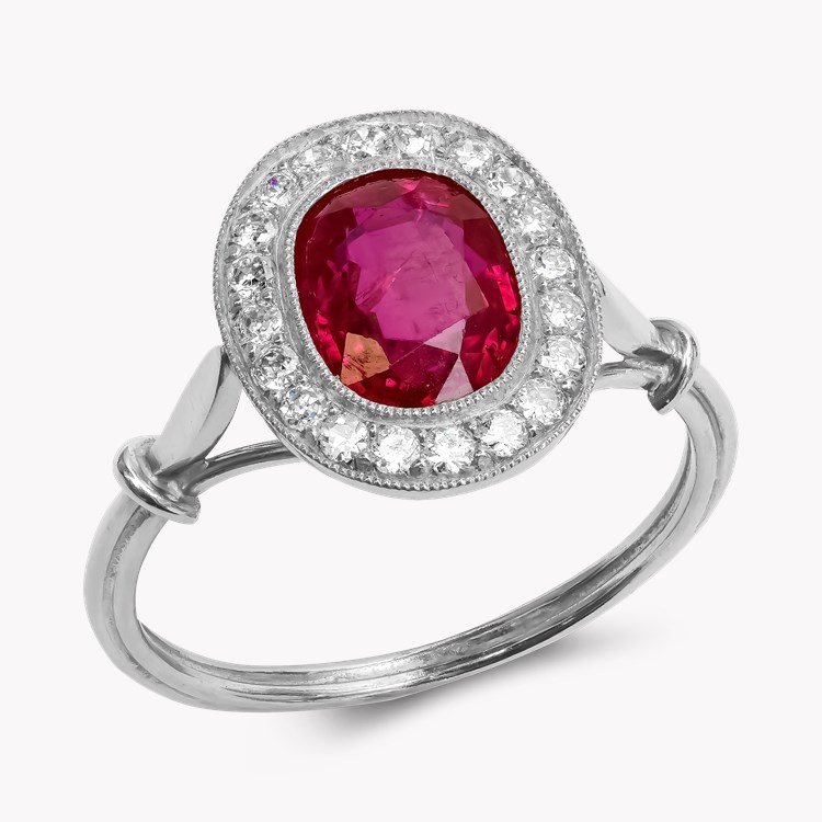 Edwardian Cushion Cut 1.68ct Burma Ruby and Diamond Ring Modern Cushion Cut, Millegrain Set_1