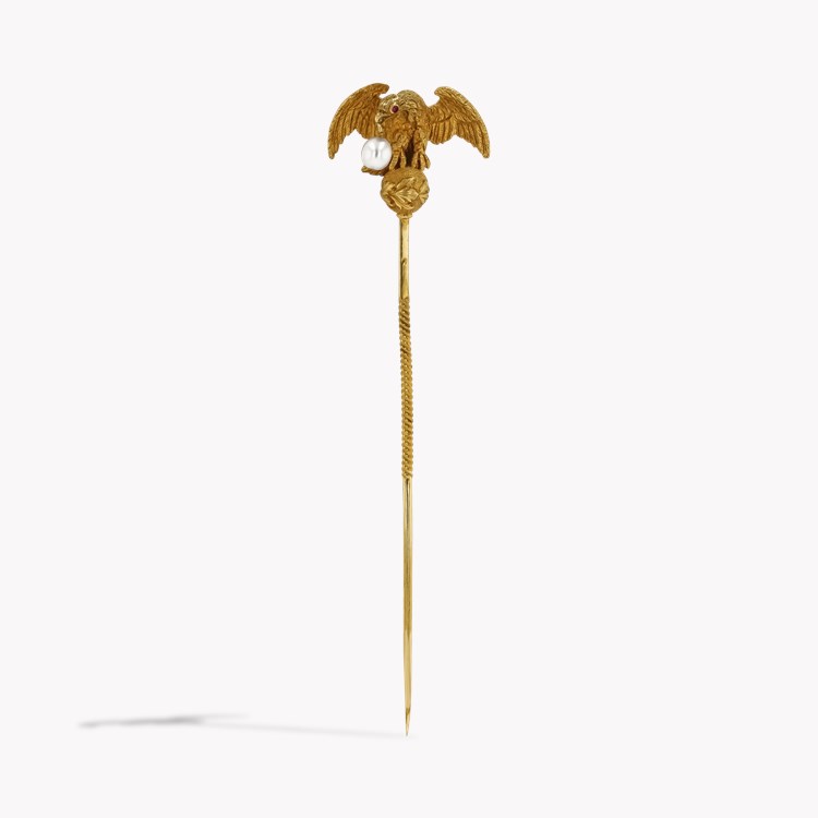 Edwardian Pearl and Ruby Golden Eagle Stick Pin 4mm_1