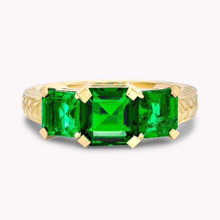 Three Stone Rectangular Cut Emerald Ring 2.03ct   in Yellow Gold, with Carved Leaf Design Shank Rectangular Cut, Four Claw Set_2