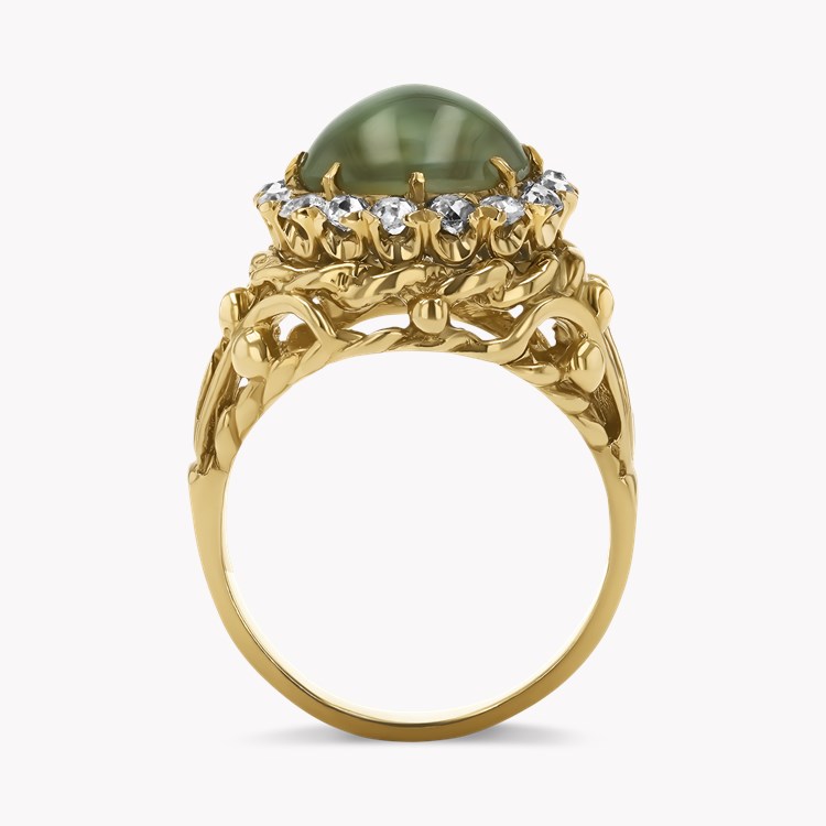1960s Cabochon Cut Green Chrysoberyl Cat's Eye and Diamond Ring Cabochon Cut, Claw Set_3