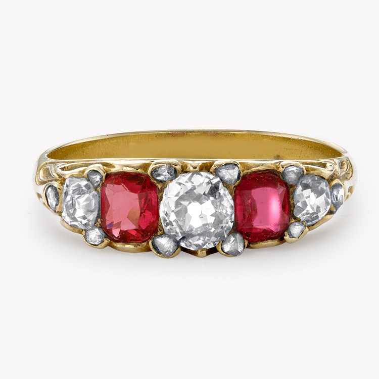 Victorian Five Stone Diamond and Ruby Ring Cushion & Old Cut, Claw Set_2