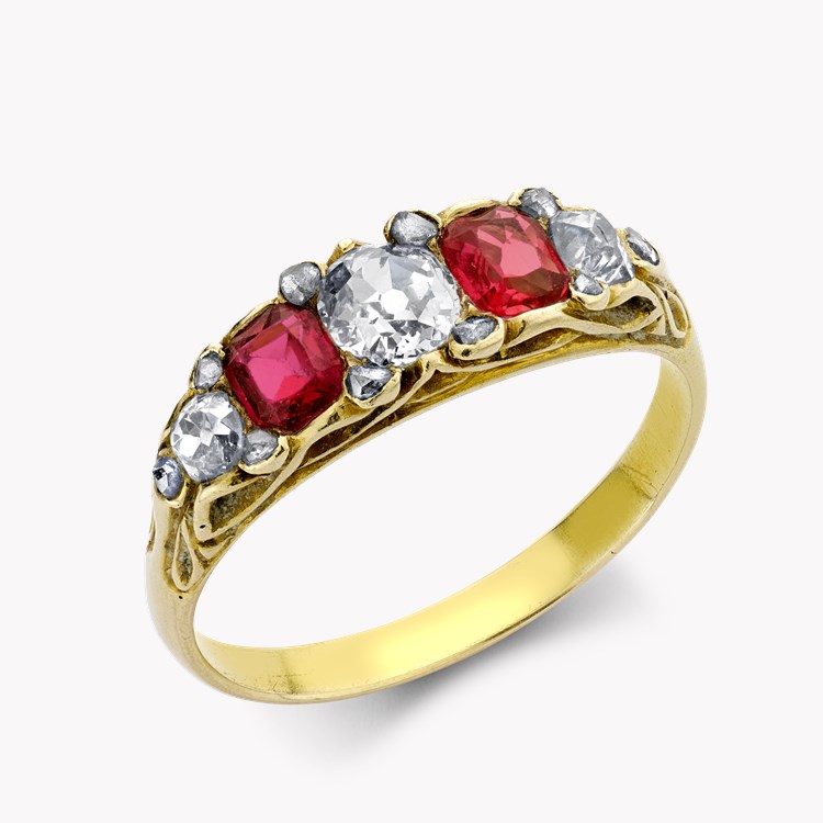 Victorian Five Stone Diamond and Ruby Ring Cushion & Old Cut, Claw Set_1