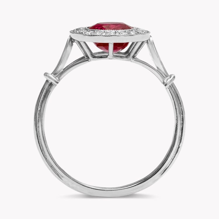 Edwardian Cushion Cut 1.68ct Burma Ruby and Diamond Ring Modern Cushion Cut, Millegrain Set_3