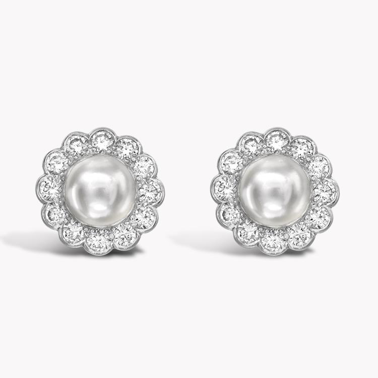 Contemporary Natural Pearl Ear Studs 7MM in Platinum Natural Pearl Studs, with Diamond Surrounds_1