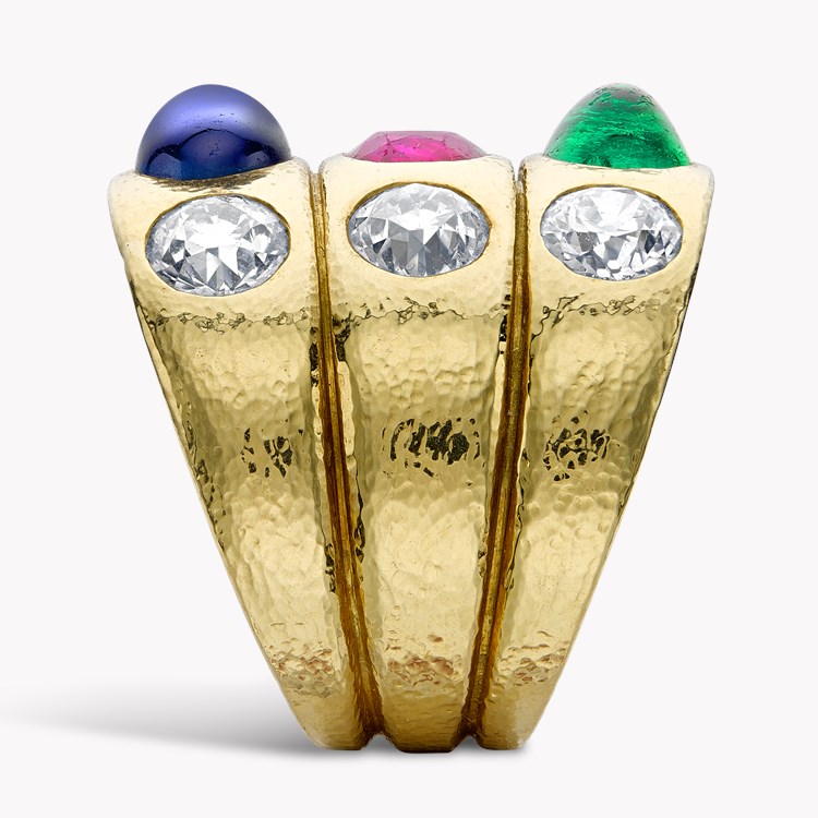 Emerald, Ruby, Sapphire & Diamond dress Ring by David Webb Cabochon, Cushion-cut, Old Mine-cut all Gypsy-set_4