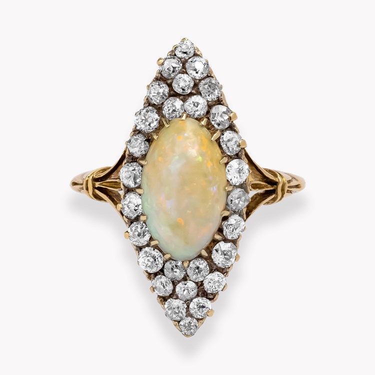 Edwardian Cabochon Cut Opal and Diamond Navette Cluster Ring Cabochon Cut, Claw Set_2