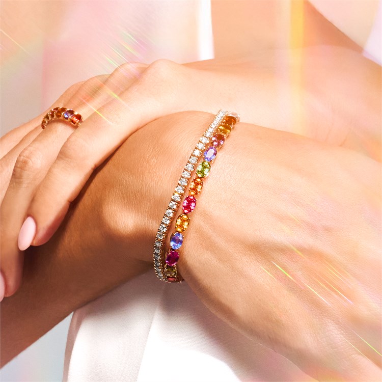 Rainbow Fancy Sapphire and Diamond Two Row Bracelet Oval Cut, Claw Set_10