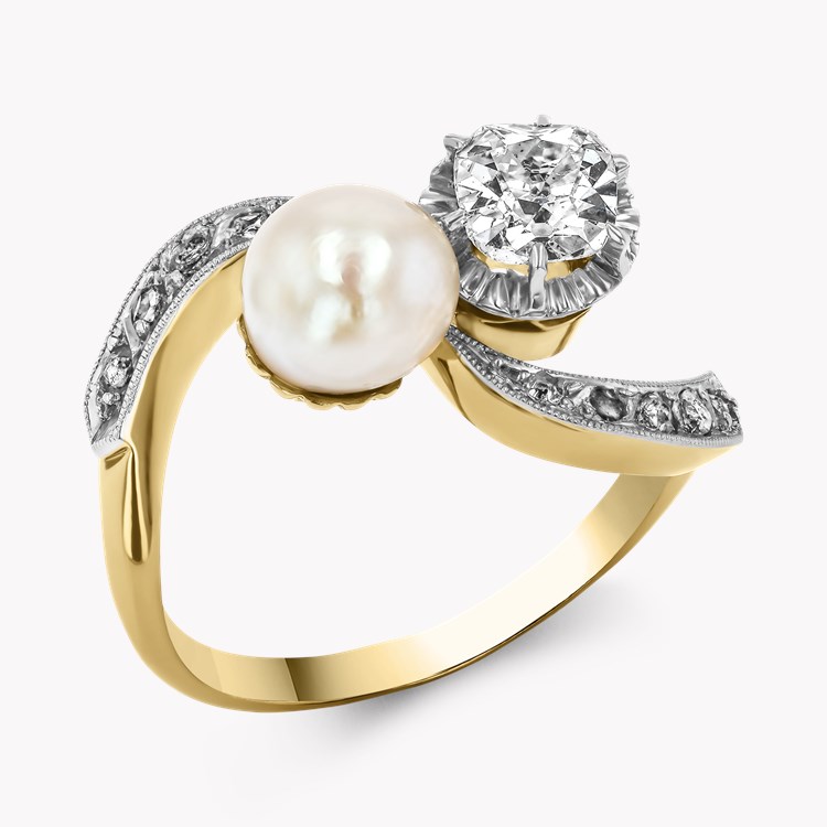 Cushion Cut Diamond and Pearl Toi et Moi Ring   in 18ct Yellow Gold