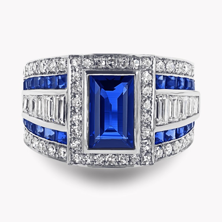 Art Deco Inspired Blue Sapphire Ring Emerald Cut, Rubover Set_2