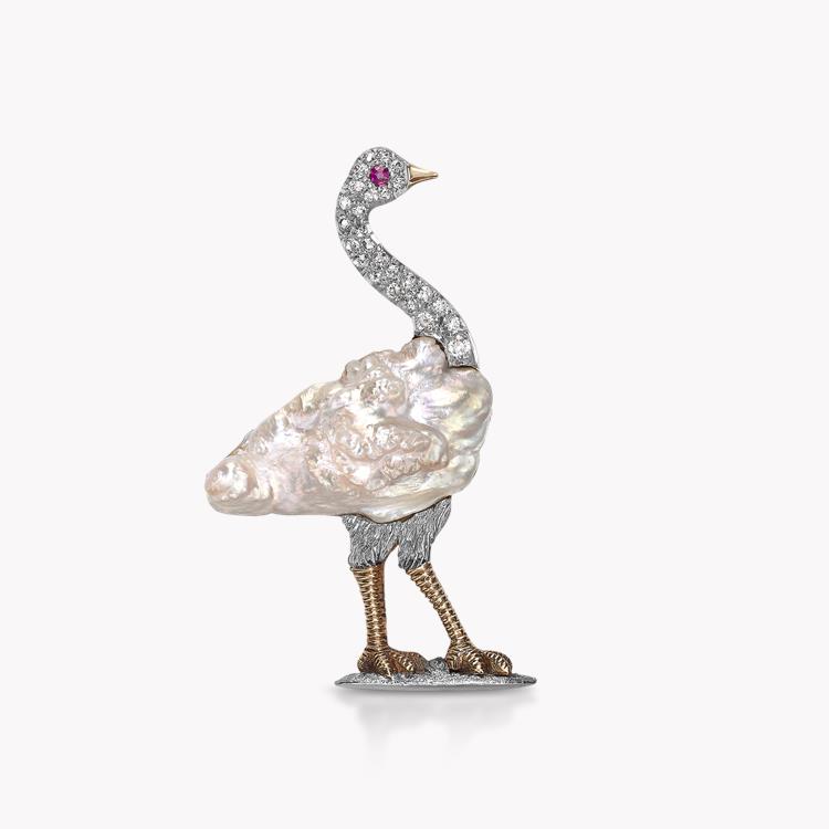 Edwardian Pearl & Diamond Emu Brooch Pearl Pin Brooch, with Diamond & Ruby_1