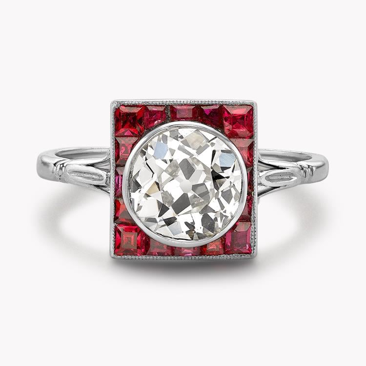 Art Deco Diamond Plaque Ring 1.70CT in Platinum Old Cut Plaque Ring, with Ruby Surround_2