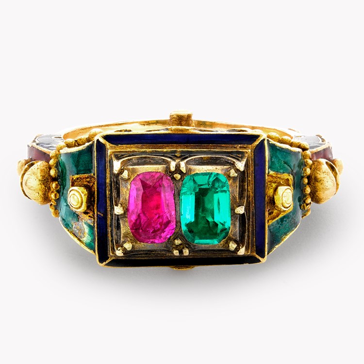 Victorian Renaissance Revival Ruby & Emerald Dress Ring Cushion Cut, Claw Set_2