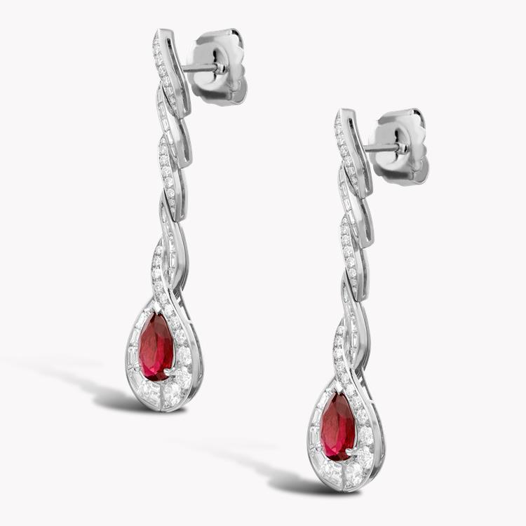 Masterpiece Burmese Ruby & Diamond Drop Earrings  3.30ct in Platinum Pear, Brilliant & Baguette Cut, Claw and Channel Set_2
