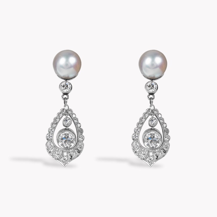 Edwardian Pearl and Old Cut Diamond Drop Earrings 9mm in 14ct White Gold_1