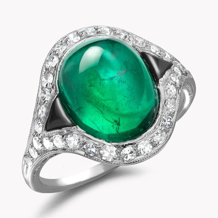 Art Deco Colombian Cabochon Emerald Ring 5.02CT in Platinum Cabochon Cocktail Ring, with Diamond and Onyx Surround_1