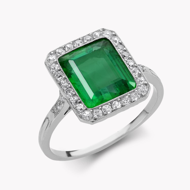 Edwardian 2.80ct Colombian Emerald and Diamond Cluster Ring Emerald Cut, Millegrain Set_1