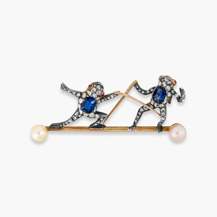 Victorian Sapphire, Diamond and Ruby Fencing Frogs Brooch